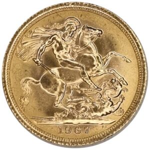 The Gold Sovereign is a historic 22-karat (.9167 fine) gold bullion coin from The Royal Mint weighing 7.988 grams (0.2354 oz fine gold), featuring Pistrucci’s classic St. George and the Dragon reverse and a £1 legal tender face value.