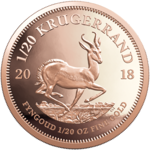 The 2018 1/20 oz Proof Gold Krugerrand is a 22-karat gold coin from the South African Mint, featuring the classic springbok design in a premium collector proof finish.