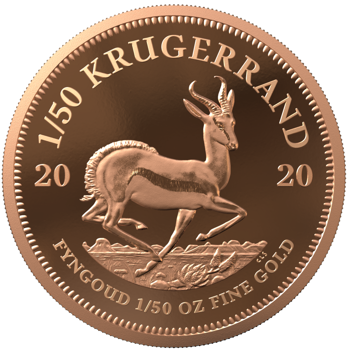 The 2020 1/50 oz Proof Gold Krugerrand is a 22-karat gold coin from the South African Mint, featuring the classic springbok design in a micro-fractional collector proof finish.