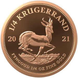 The 2021 1/4 oz Proof Gold Krugerrand is a 22-karat gold coin from the South African Mint, featuring the classic springbok design in a premium collector proof finish.