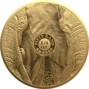 The 2021 Big Five Elephant is a 1/4 ounce .9999 fine gold proof coin from the South African Mint, featuring the redesigned elephant portrait in Big Five Series II.