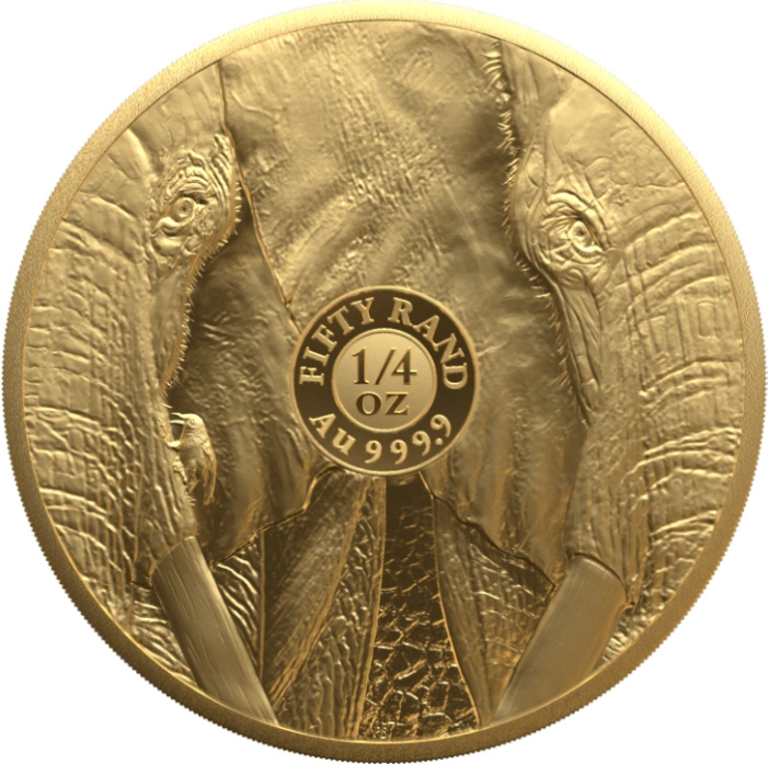 The 2021 Big Five Elephant is a 1/4 ounce .9999 fine gold proof coin from the South African Mint, featuring the redesigned elephant portrait in Big Five Series II.