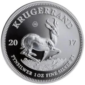 The 2017 50th Anniversary Silver Proof Krugerrand is a one ounce .999 fine silver coin from the South African Mint, featuring the classic springbok design with a special commemorative privy mark.