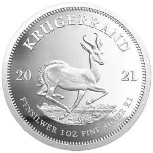 The 2021 Silver Proof Krugerrand is a one ounce .999 fine silver coin from the South African Mint, featuring the classic springbok design in a premium collector proof finish.