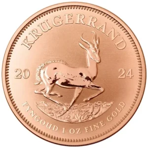 The 2024 1 oz Reverse Proof Gold Krugerrand is a 22-karat gold coin from the South African Mint, featuring the classic springbok design in an innovative reverse proof finish.