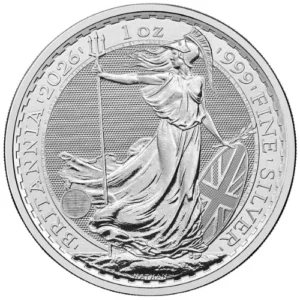 The 2026 1 oz Silver Britannia is a one-ounce .999 fine silver bullion coin from The Royal Mint, featuring King Charles III, Philip Nathan’s standing Britannia reverse with four security features, and a £2 legal tender face value.