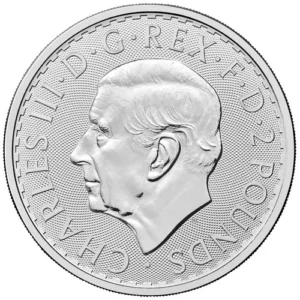 The 2026 1 oz Silver Britannia is a one-ounce .999 fine silver bullion coin from The Royal Mint, featuring King Charles III, Philip Nathan’s standing Britannia reverse with four security features, and a £2 legal tender face value.