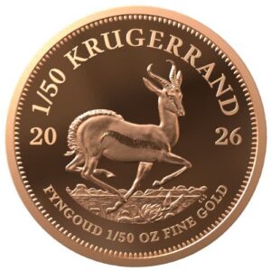 The 2026 1/50th oz Proof Gold Krugerrand is a 0.679-gram 22-karat (.9167 fine) proof gold coin from the South African Mint, featuring the classic Paul Kruger obverse, springbok reverse, and an 8.00 mm miniature profile as the world's smallest official Krugerrand release.