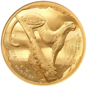 The 2026 1/4 oz Proof Gold African Range Surveying Cheetah is a quarter-ounce .9999 fine gold high-relief coin from the South African Mint, launching The African Range series in collaboration with sculptor Dylan Lewis
