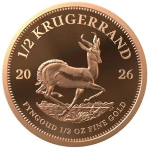 The 2026 1/2 oz Proof Gold Krugerrand is a half-ounce 22-karat gold proof coin from the South African Mint, featuring the classic Paul Kruger and springbok design in a limited-mintage collector release.