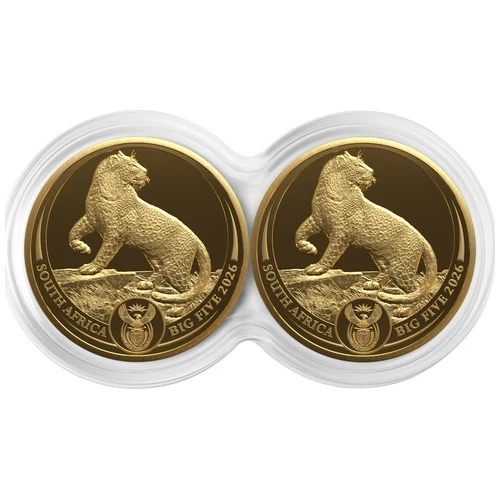 The 2026 Big Five 1/4 oz Proof Gold Leopard Double Capsule Set is a two-coin .9999 fine gold set from the South African Mint, featuring two Series III leopard proof coins paired in a dual display to complete the signature split-face design.