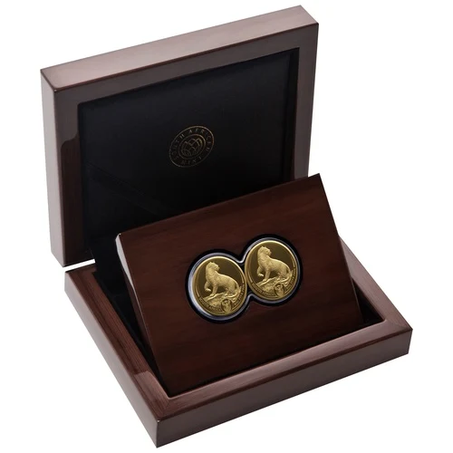 The 2026 Big Five 1/4 oz Proof Gold Leopard Double Capsule Set is a two-coin .9999 fine gold set from the South African Mint, featuring two Series III leopard proof coins paired in a dual display to complete the signature split-face design.
