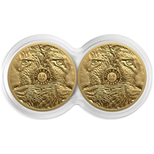 The 2026 Big Five 1/4 oz Proof Gold Leopard Double Capsule Set is a two-coin .9999 fine gold set from the South African Mint, featuring two Series III leopard proof coins paired in a dual display to complete the signature split-face design.