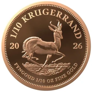 The 2026 1/10 oz Proof Gold Krugerrand is a 22-karat gold fractional proof coin from the South African Mint, featuring the classic springbok design in a limited-edition individual collector format.